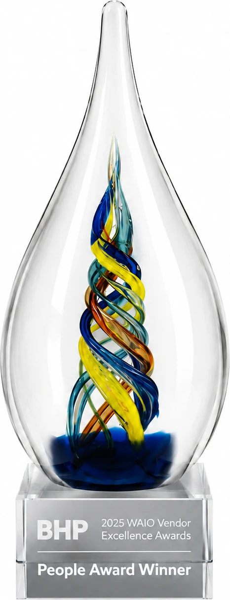 BHP 2025 WAIO Vendor Excellence Awards trophy, engraved People Award Winner. A clear teardrop of glass containing a twist of blue, yellow, orange and green, on a clear base.